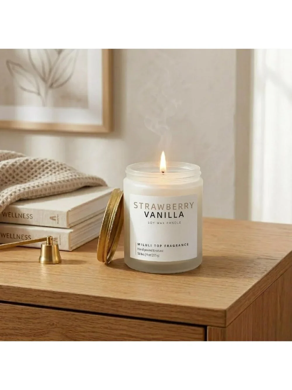 Strawberry Vanilla Aromatherapy Candle - 9oz Natural Soy Wax, 50H Clean Burn